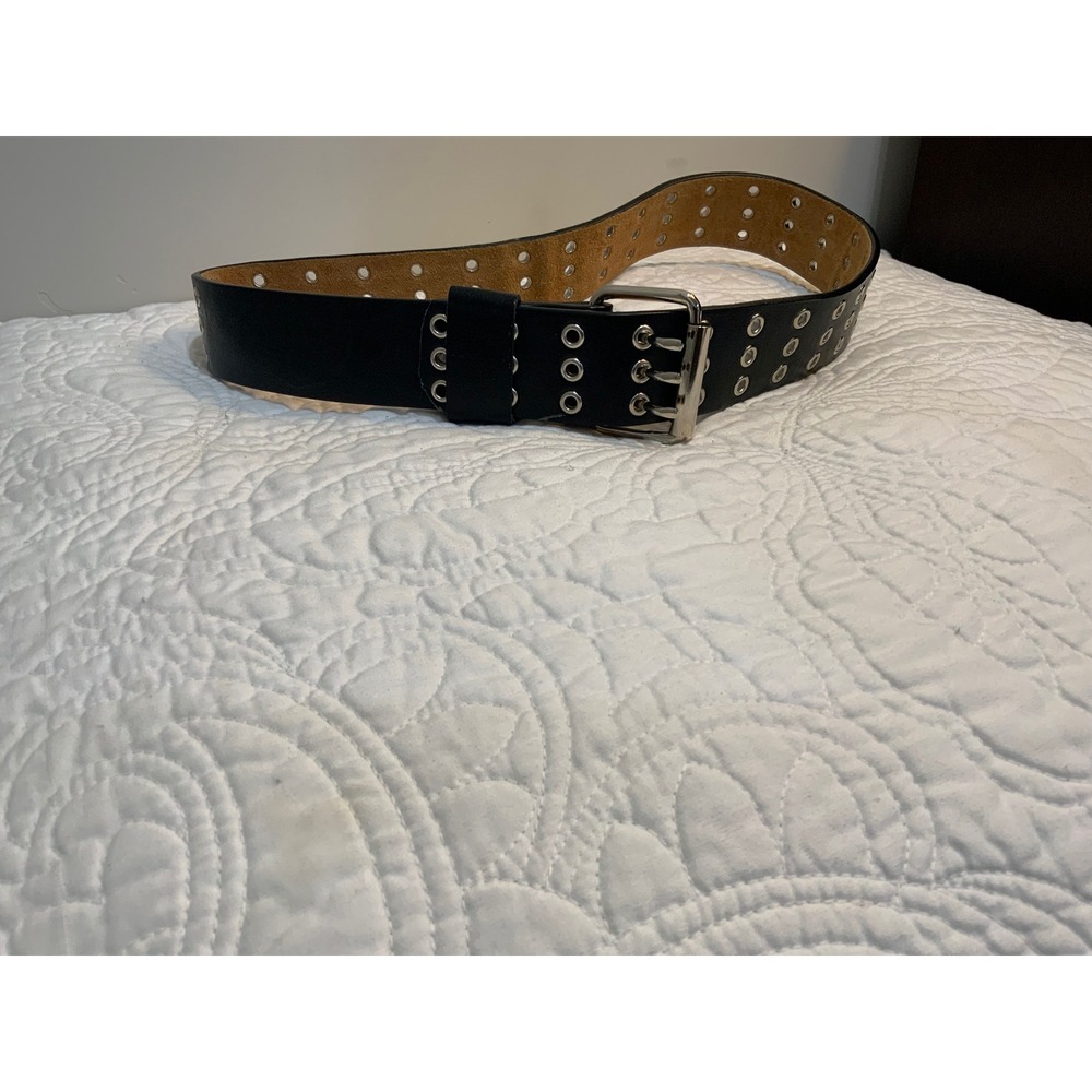 Stylish Black Genuine Leather Belt with Silver Buckle Grommet Unique - Picture 4 of 12